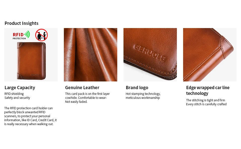 GERUOLA Cartera delgada de cuero genuino con protección RFID para hombre, tarjetero multifuncional para identificación y tarjeta de crédito, color marrón oscuro con adornos
