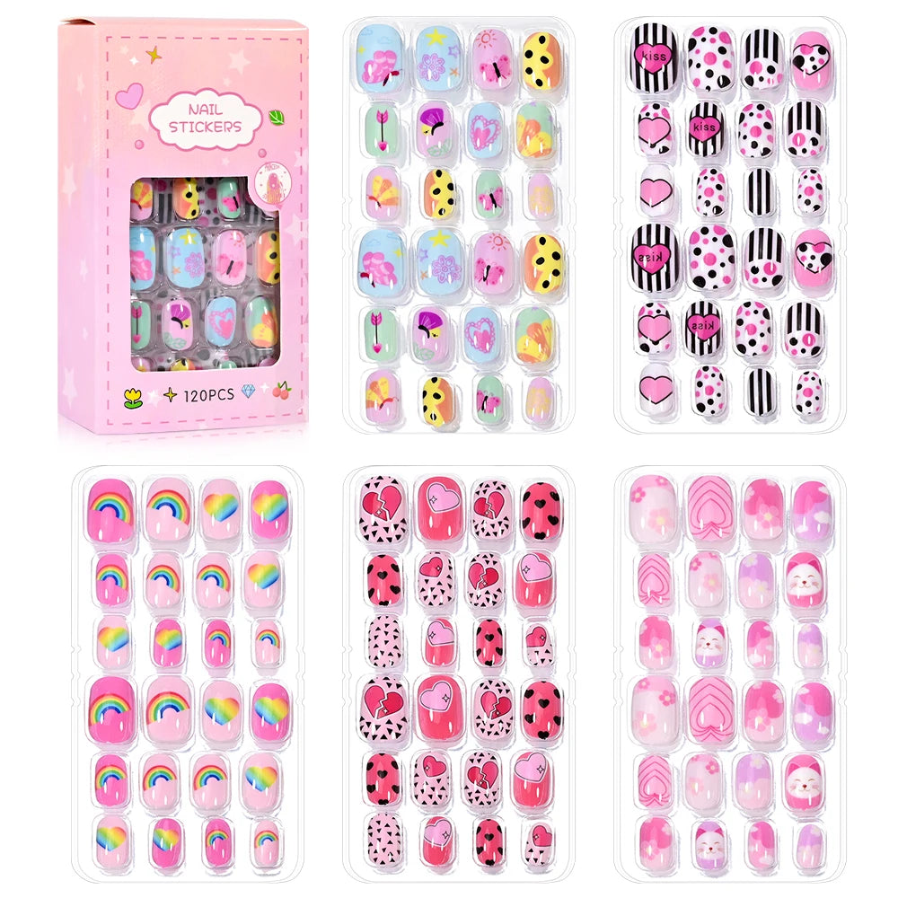 120 unids/set lindo dibujo en uñas Rosa degradado fresa princesa amor corazón estrellas puntas de uñas decoraciones de uñas para niñas