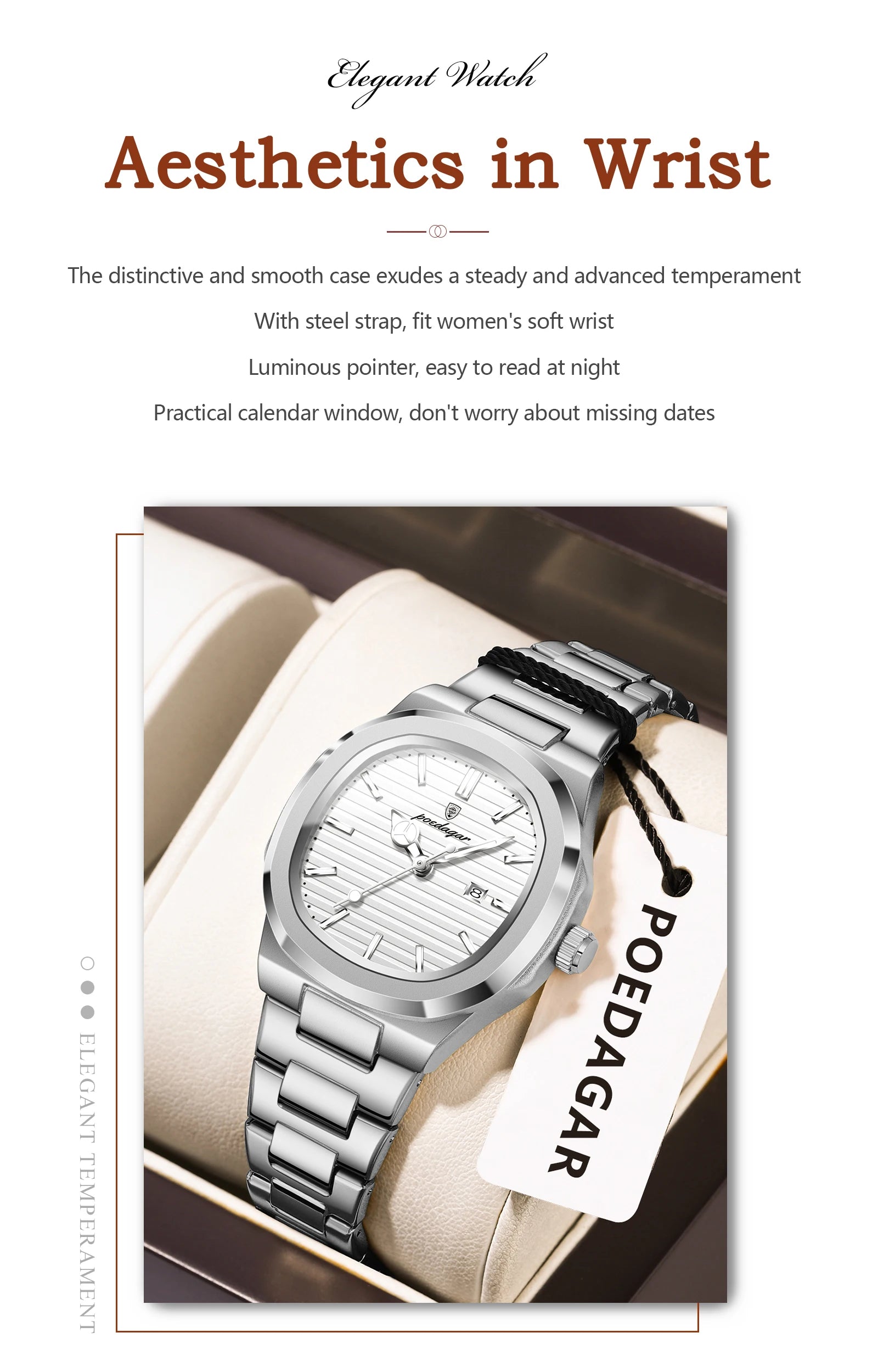 POEDAGAR, reloj de pulsera exquisito para mujer, resistente al agua, fecha luminosa, relojes de moda para mujer, reloj de cuarzo de acero inoxidable para mujer