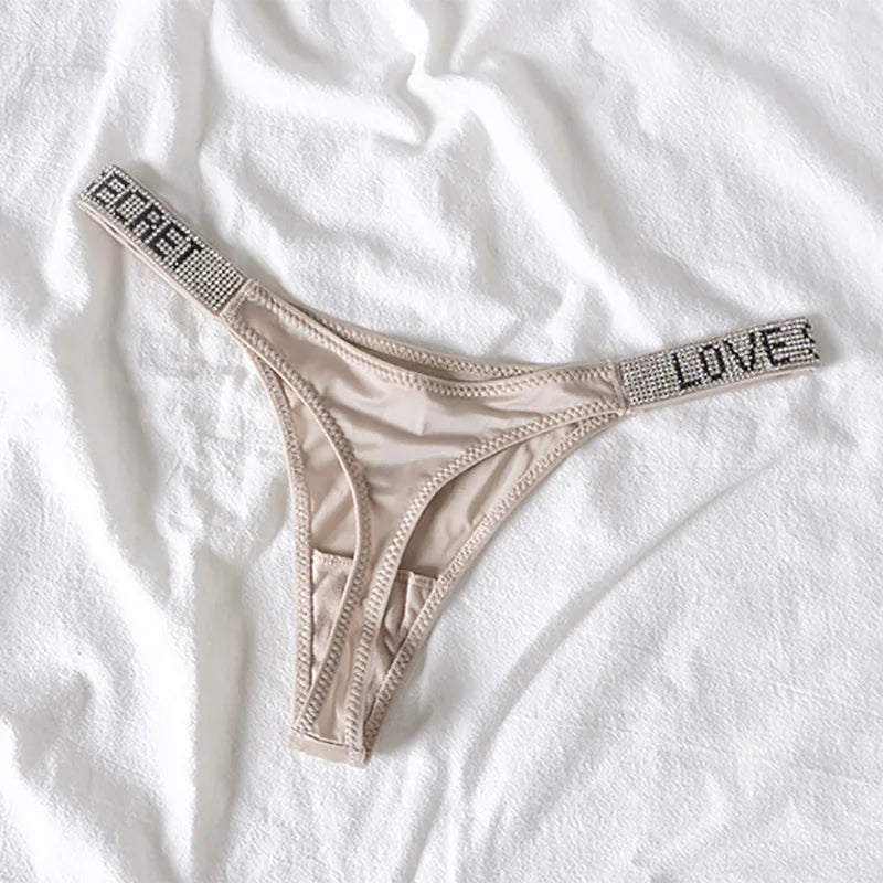 Tangas sexis de cintura baja para mujer, bragas con diamantes de imitación y letras, Tanga deportiva, pantalones cortos, calzoncillos con espalda en T, talla S-XL para Fitness