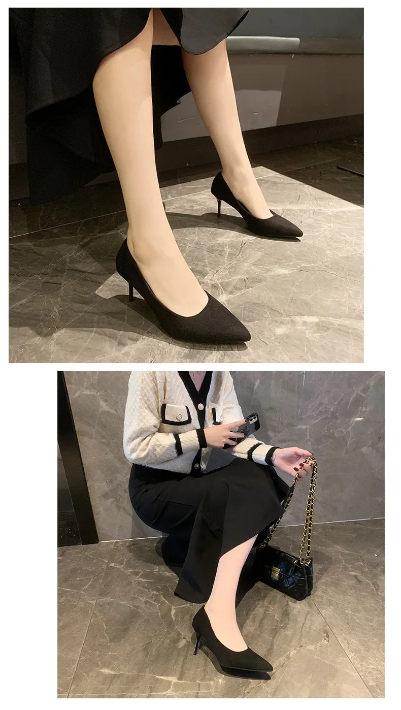 Primavera y otoño nuevos tacones altos negros Mujer boca poco profunda puntiaguda delgada con temperamento Sexy Zapatos individuales Zapatos De Mujer