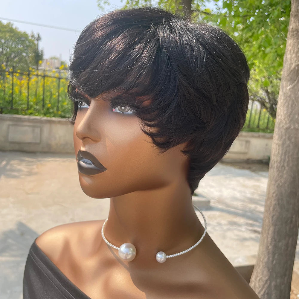 Peluca corta de corte Pixie, cabello humano para mujeres negras, pelucas hechas a máquina con flequillo, peluca corta, pelucas de cabello humano