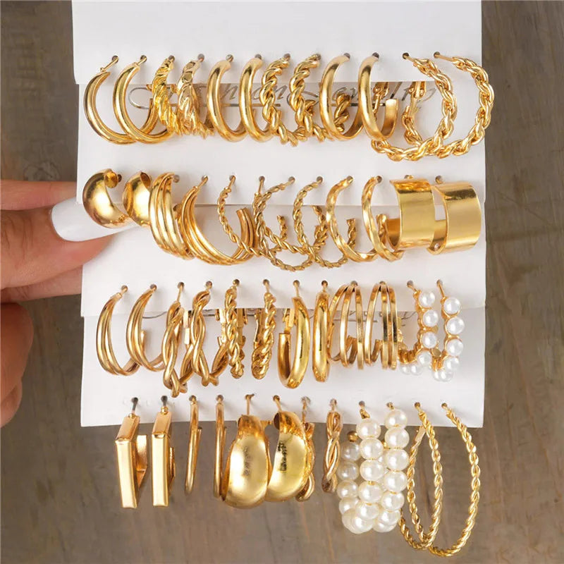 Conjunto de pendientes de aro bohemios de círculo grande para mujer, pendiente de perla Vintage bohemio de Color dorado, pendientes de circonita con forma de corazón, regalos de joyería