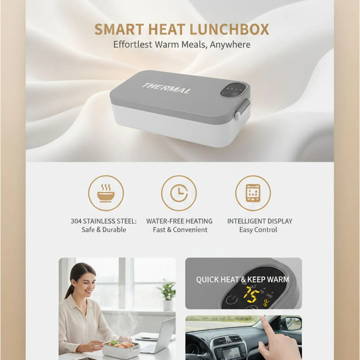 Fiambrera eléctrica para trabajadores de oficina, fiambrera portátil con sistema de calentamiento mediante enchufe, fiambrera térmica de acero inoxidable 304 sin necesidad de agua, ideal para llevar al exterior.