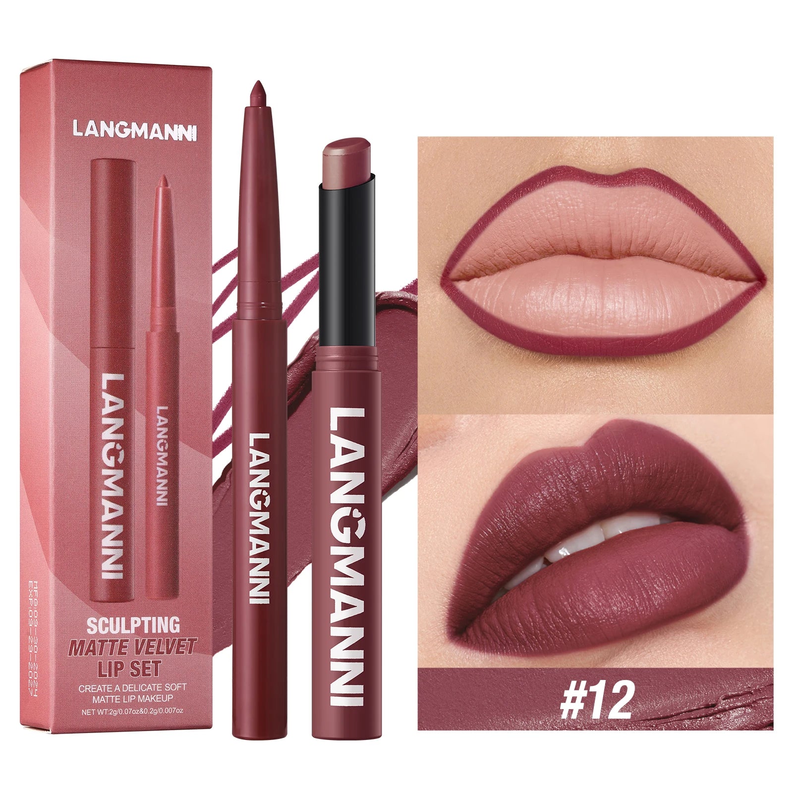 Delineador de labios impermeable integrado + juego de lápiz labial, sin manchas, sin desvanecimiento, sin taza, duradero, fácil de crear un maquillaje perfecto.