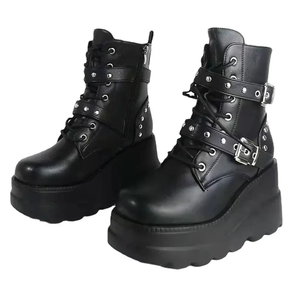 Nuevos botines de cuero Pu para mujer, Otoño Invierno, zapatos con cordones y punta redonda, botas góticas con plataforma para motocicleta para mujer, Cosplay