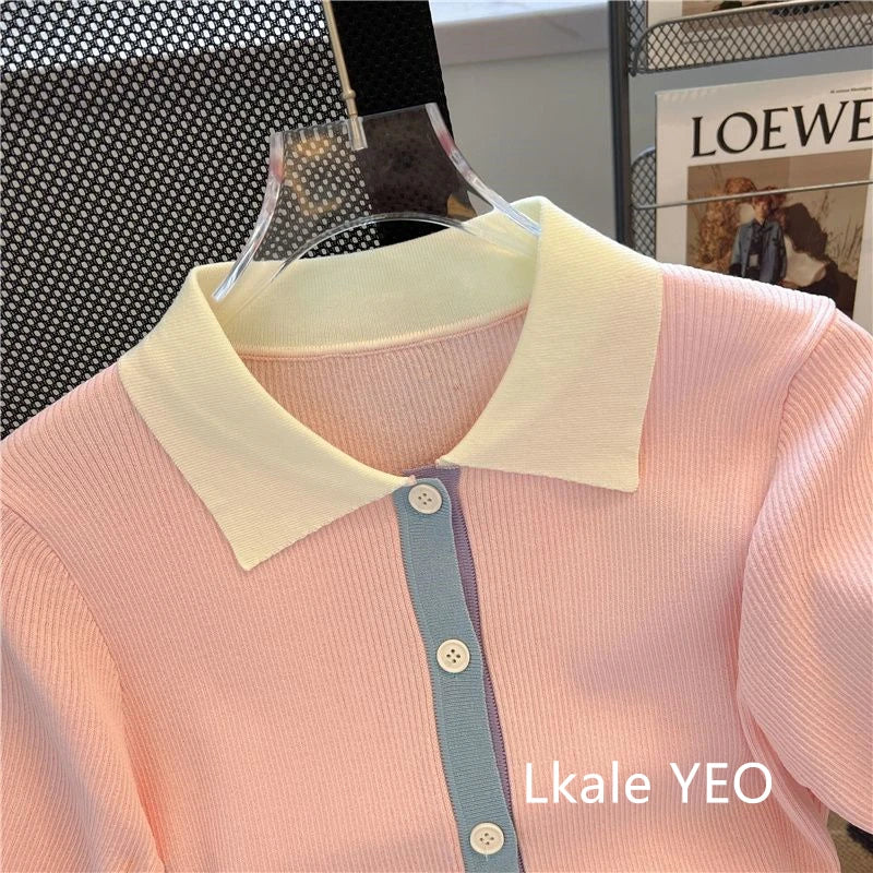 Primavera Verano 2025 diseño Sense Polo cuello mujer camiseta Casual cómoda Color contrastante Be All-match señoras Top de punto