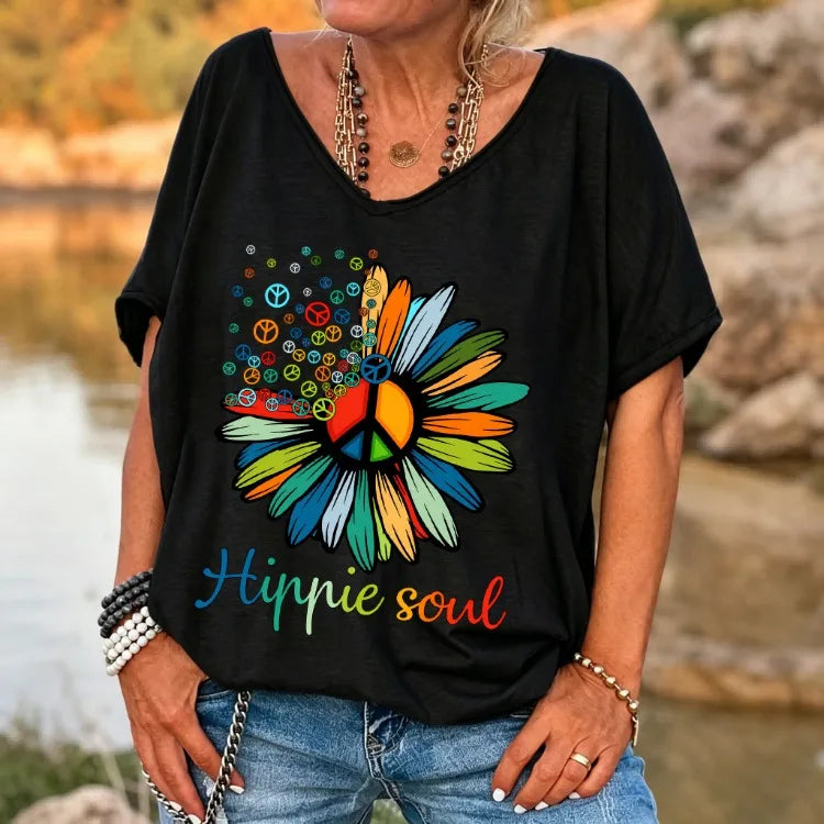 Camiseta Ilstile Hippie Soul Peace Daisy para mujer, estilo retro bohemio con estampado floral, cuello en V, manga corta, corte holgado, informal, para verano.
