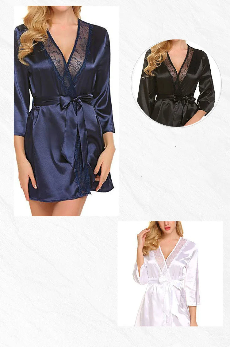 Bata de satén de encaje Sexy para mujer, ropa de dormir, camisón corto, Kimono, albornoz, lencería, camisón, vestido suave y cómodo negro de talla grande