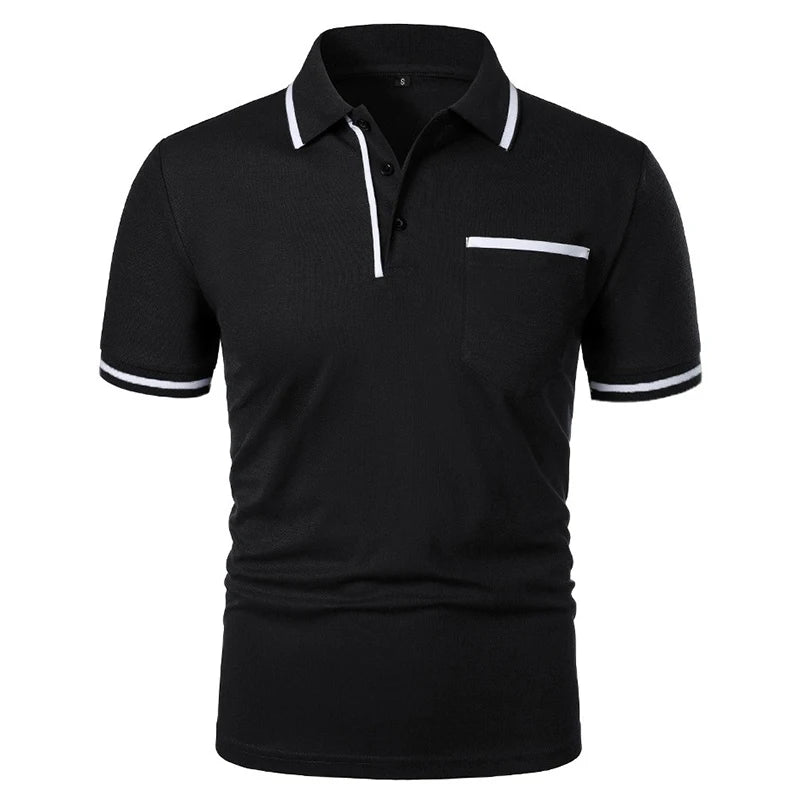 Nuevas camisas Polo de manga corta para hombre, camiseta informal de Color sólido, camisas de verano a la moda transpirables holgadas básicas con empalme y bolsillos superiores para hombre