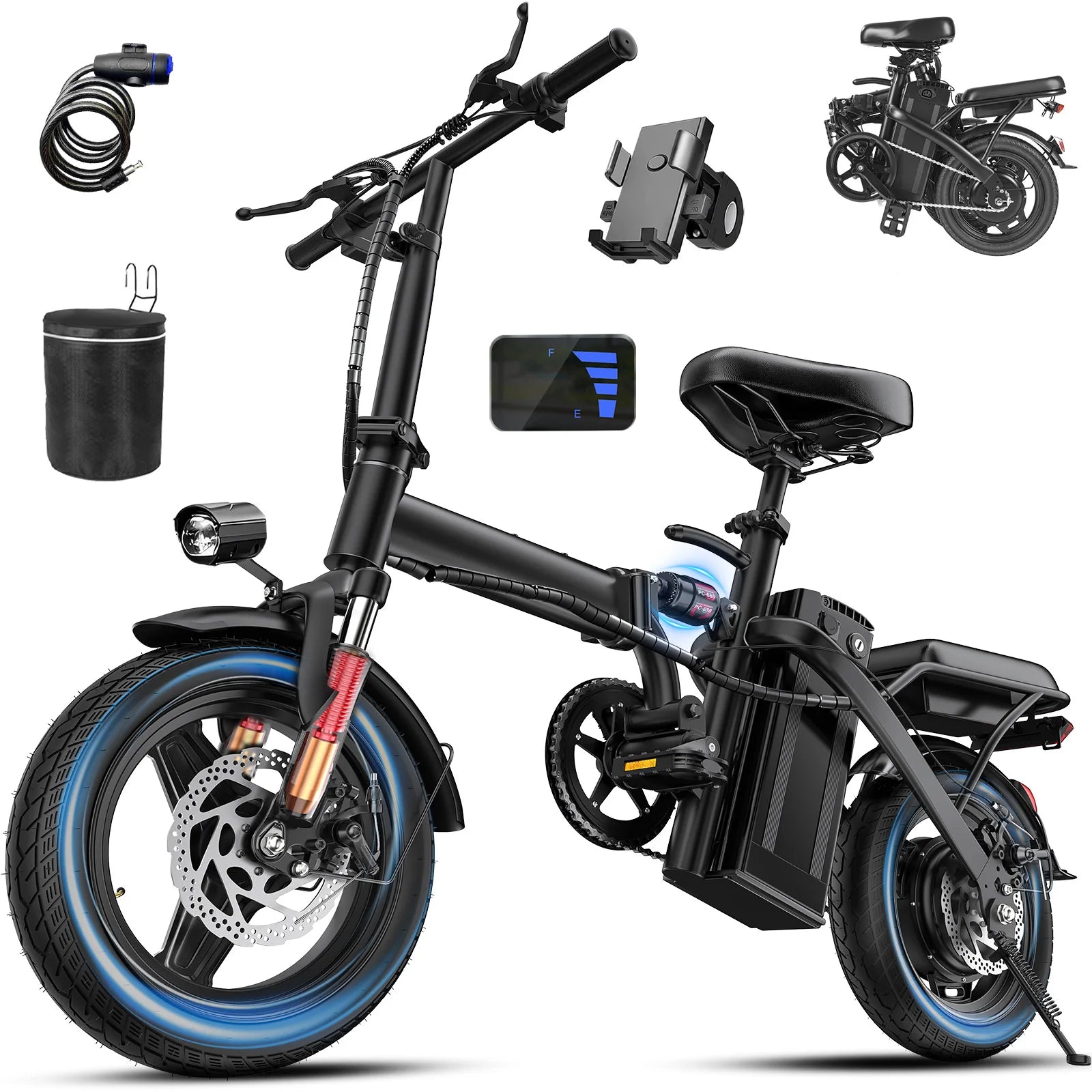 Bicicletas eléctricas para adultos de 560W, 24MPH, batería extraíble de 48V10.4AH, bicicleta eléctrica plegable de 14 pulgadas, bicicleta eléctrica con absorción de impactos múltiple