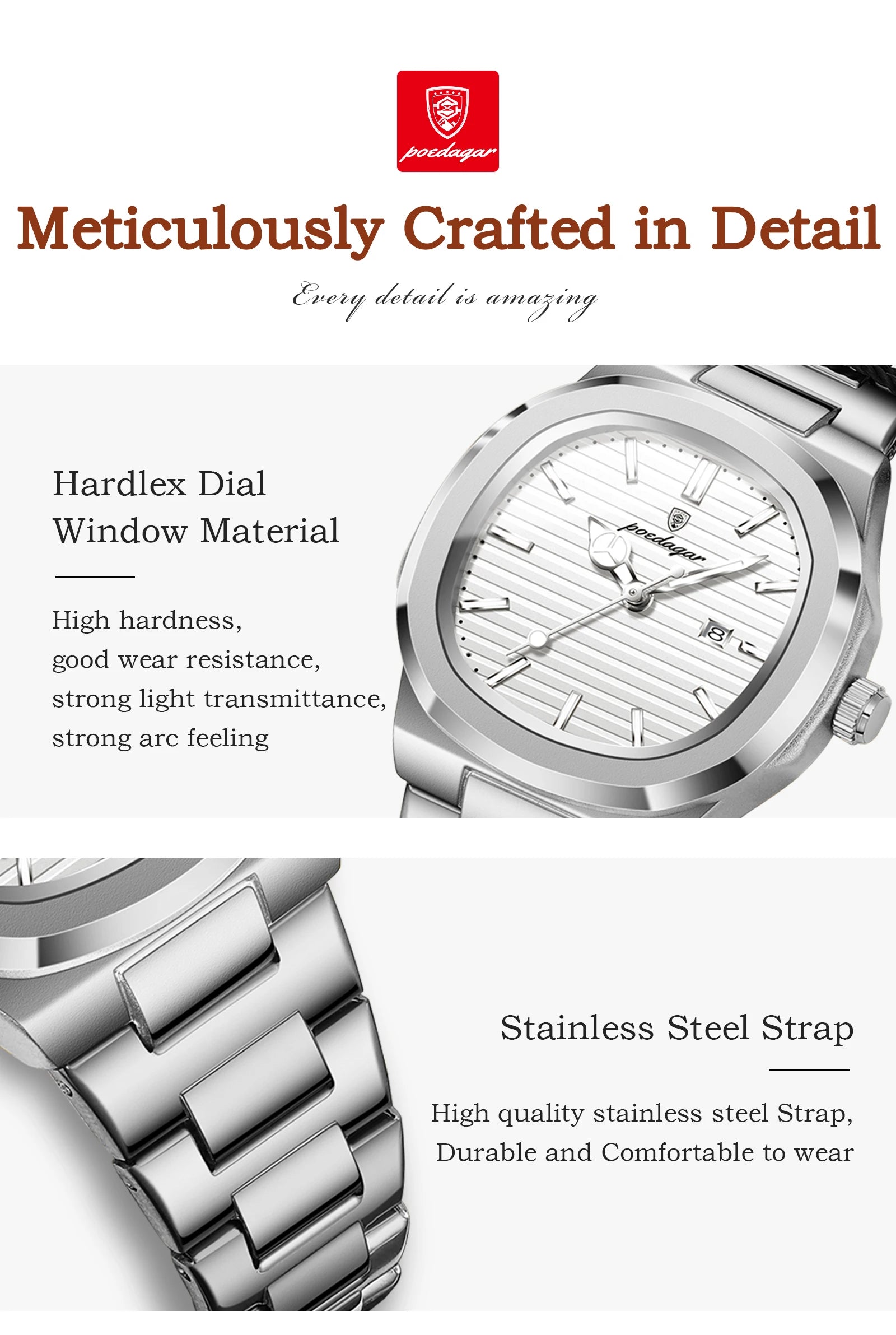 POEDAGAR, reloj de pulsera exquisito para mujer, resistente al agua, fecha luminosa, relojes de moda para mujer, reloj de cuarzo de acero inoxidable para mujer