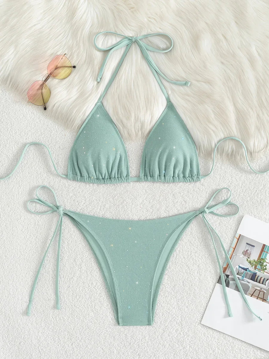 Bikini brillante con tiras y cuello Halter, Bikinis de corte alto para mujer, traje de baño para mujer, conjunto de Bikini de dos piezas, traje de baño 2025