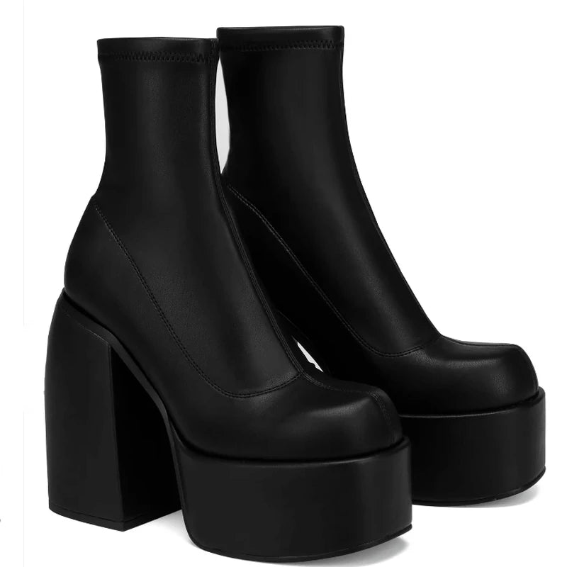 Botas modernas con tacones de plataforma para mujer, botas de cuero con punta redonda, tacones gruesos, zapatos de tacón de bloque de diseñador con cremallera, zapatos informales a la moda para chicas