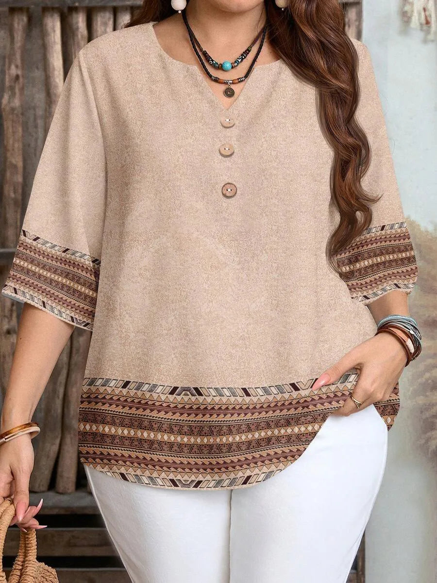 Camisa de manga corta de ocio con botón frontal y patrón retro para mujer de talla grande primavera/verano/otoño traje esencial de verano
