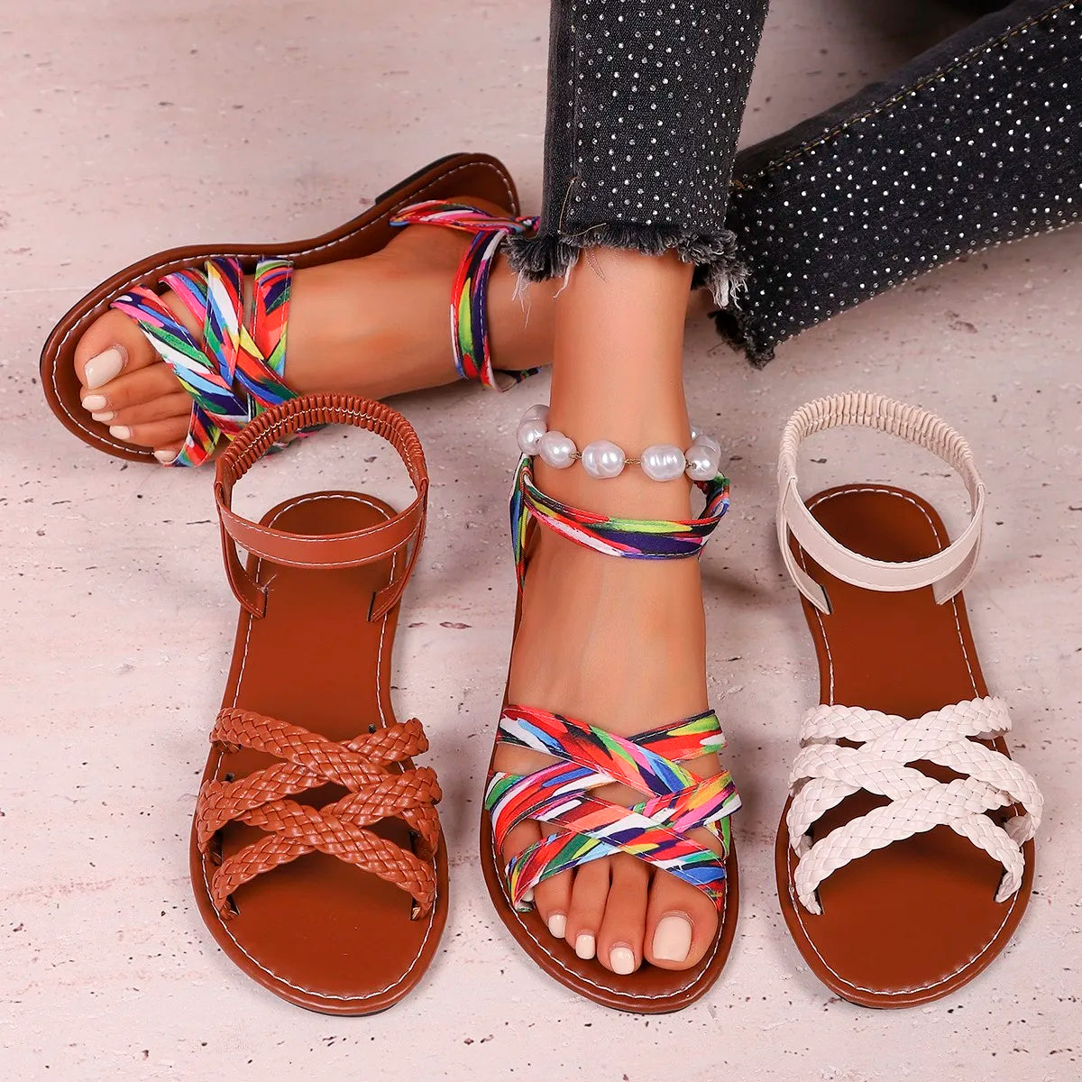 Zapatos para mujer 2025, novedad de verano, Sandalias planas para mujer, sandalias con correa romana inferior con suelas de goma antideslizantes, Sandalia diaria para mujer