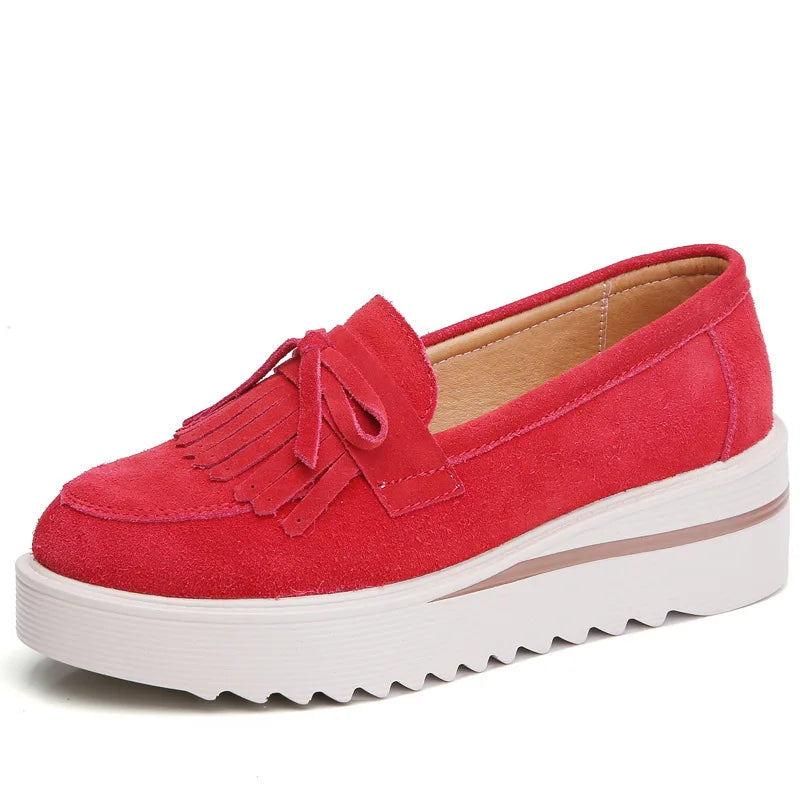 WOIZGIC, zapatos de piel de ante vacuno para mujer, zapatos planos con plataforma y flecos antideslizantes para otoño, zapatos vulcanizados Nowknot