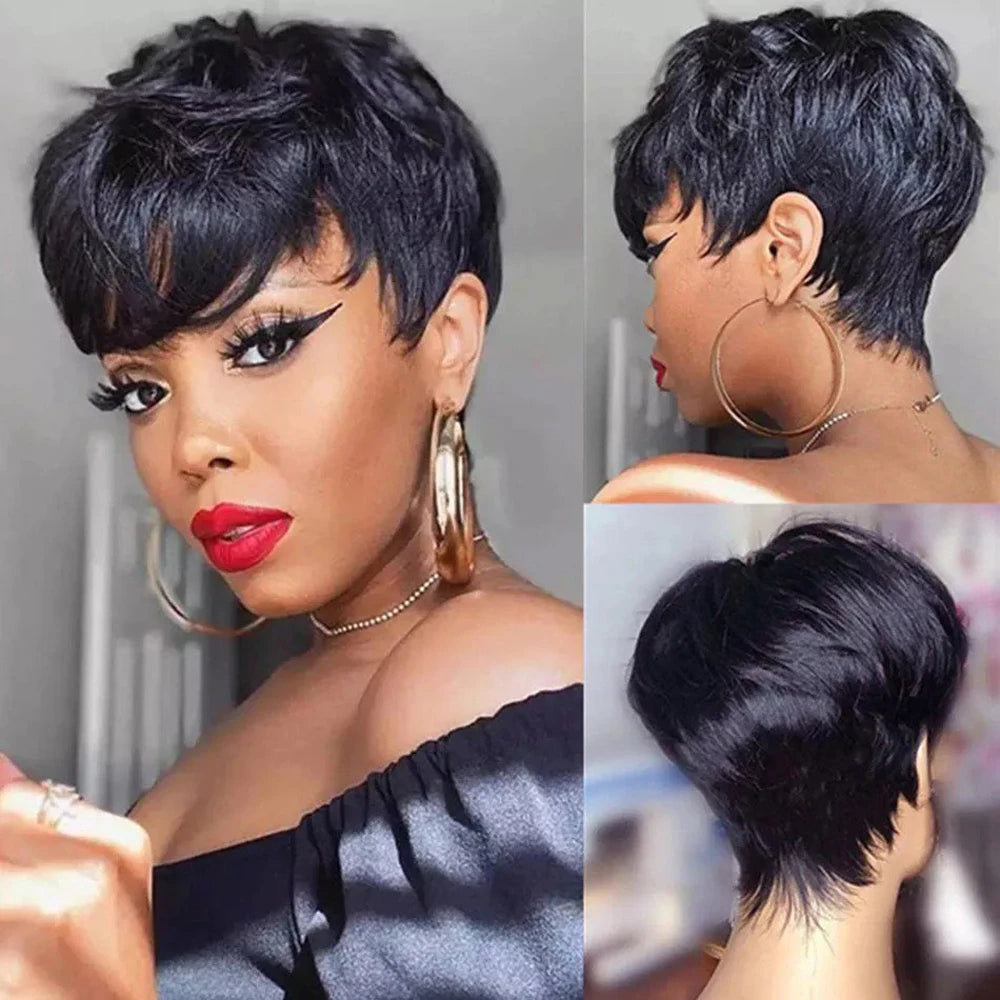 Peluca corta de corte Pixie, cabello humano para mujeres negras, pelucas hechas a máquina con flequillo, peluca corta, pelucas de cabello humano