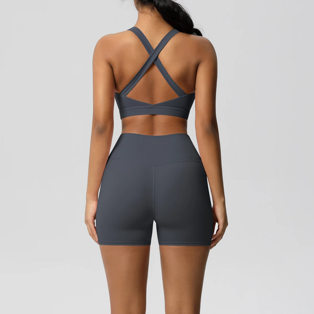 Ropa deportiva con bolsillo para mujer, conjunto de Yoga, ropa de gimnasio, trajes de Yoga para mujer, chándales, pantalones cortos deportivos, sujetador cruzado, mallas de gimnasio, 2 uds.