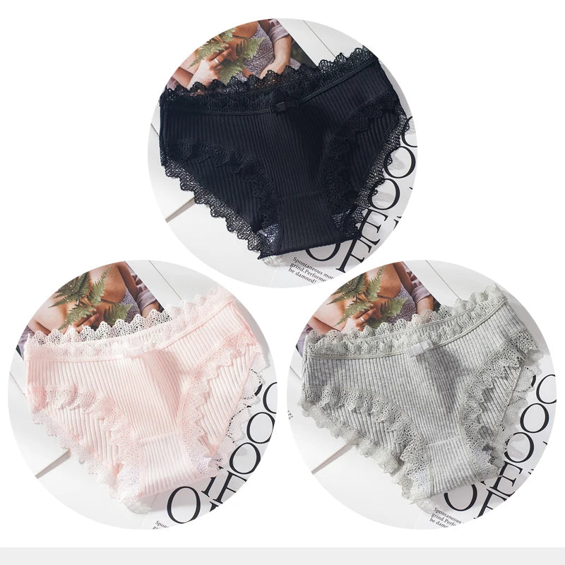 Bragas de algodón para mujer, bragas de encaje sexis, bragas de Color sólido para niñas, juego de ropa interior, ropa interior, Dropshipping 3 unids/lote