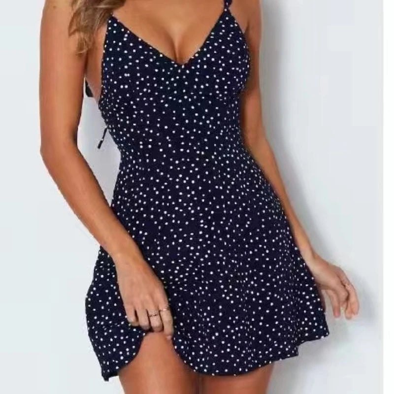 Camisola vestido sin mangas con cuello en V para mujer, minivestido Sexy con tirantes, ajustado, con cordones y lunares, informal, espalda descubierta
