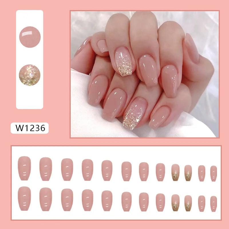 Dulce francés 24 Uds. De uñas postizas degradadas rosas, manicura de dedos artificiales brillantes, uñas postizas reutilizables para mujeres