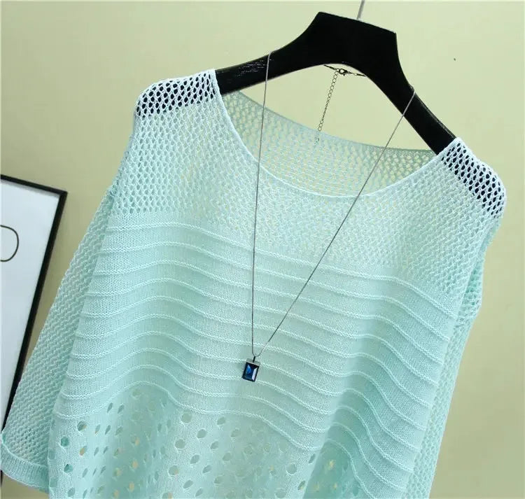 Primavera y novedad de verano, chaleco tejido de seda de hielo, Top calado, parte inferior fina, ropa de calle, camisa para mujer