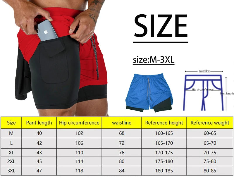 Pantalones cortos deportivos de doble capa para hombre, pantalones cortos deportivos 2 en 1 para entrenamiento de gimnasia, entrenamiento de secado rápido, trote, doble cubierta, verano