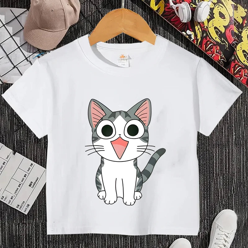 Camiseta con estampado de gato para niños y niñas, camiseta de dibujos animados, camiseta informal de manga corta, ropa cómoda y divertida para verano
