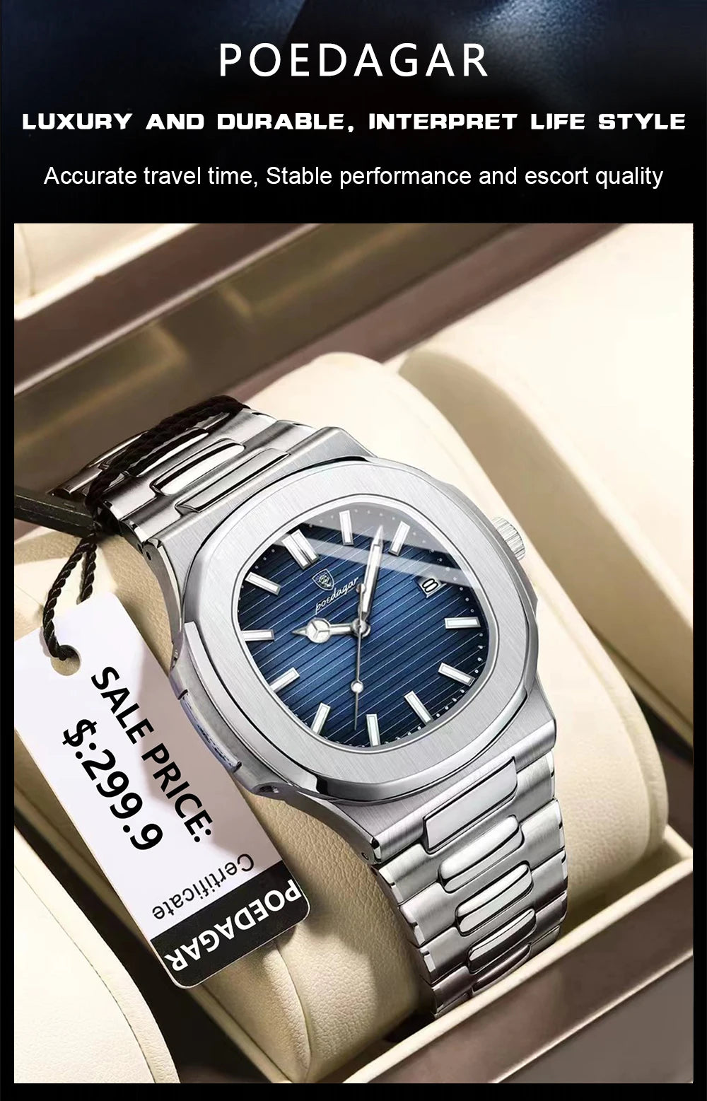 Reloj de pulsera cuadrado de lujo POEDAGAR para hombre, resistente al agua, luminoso, con fecha, de acero inoxidable, deportivo, de cuarzo, para hombre.