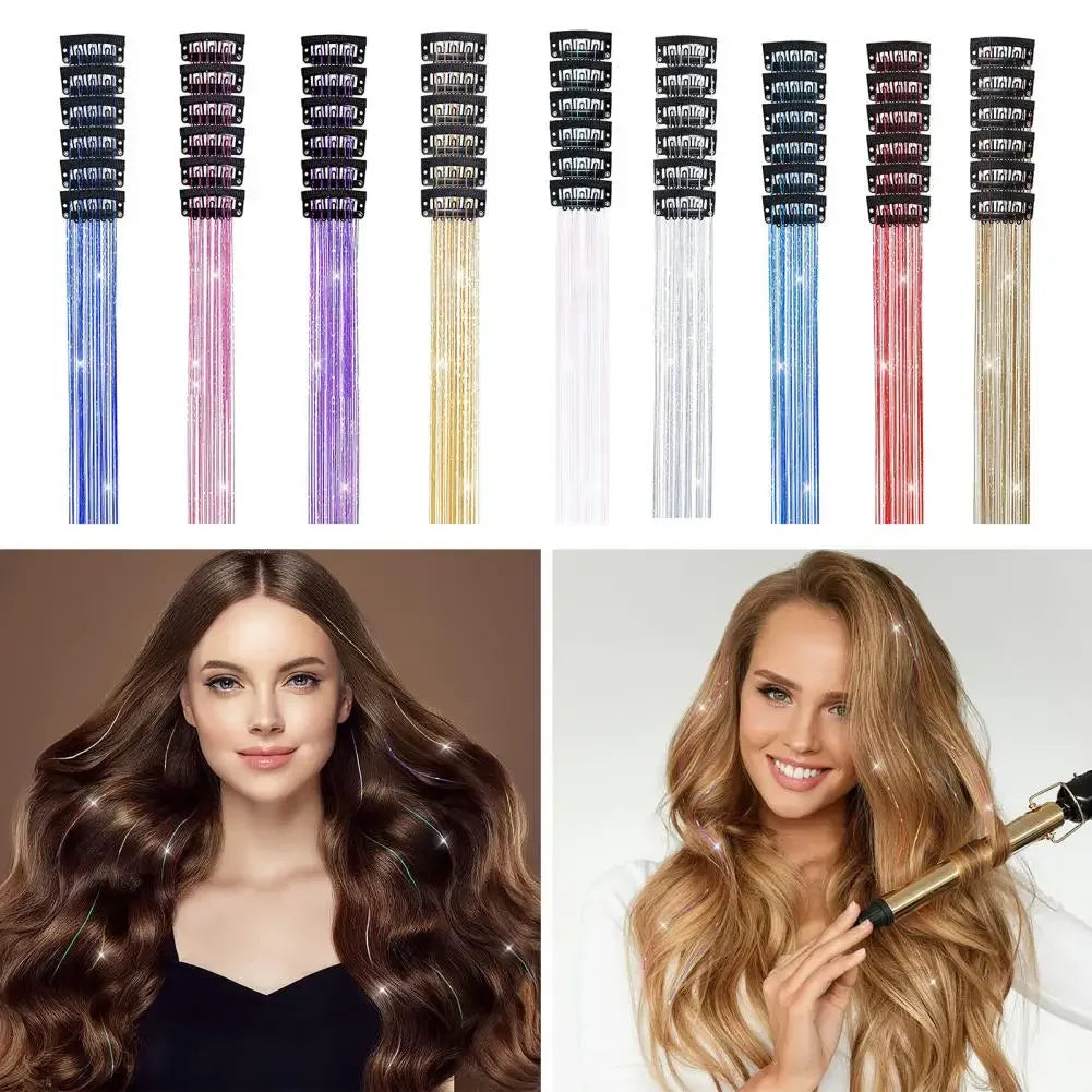 6 uds 50cm chispeantes pelo brillante oropel extensiones de cabello oropel extensiones de Clip de pelo sintético mujeres para tocado trenzado