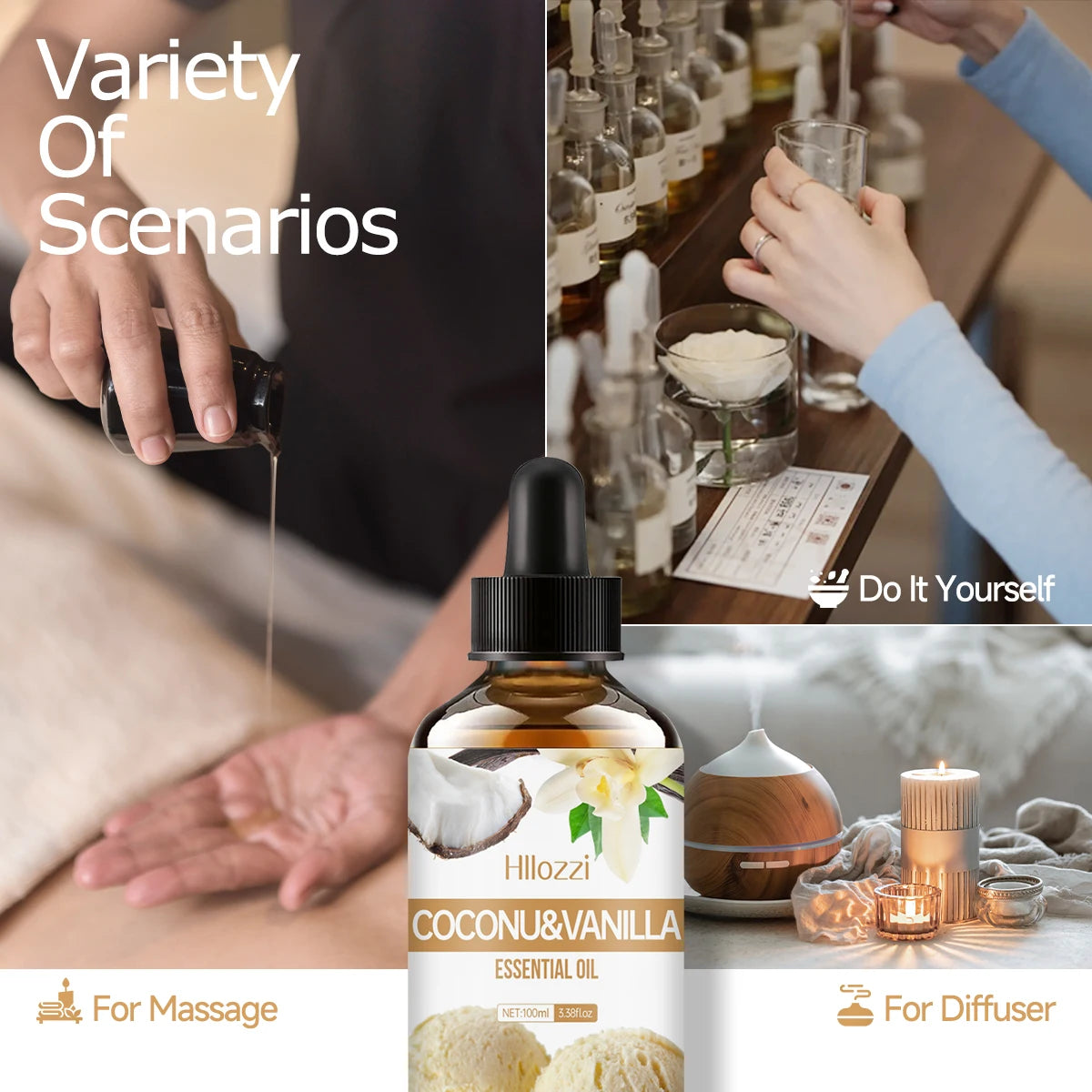 Los aceites esenciales de coco y vainilla se pueden utilizar para el masaje corporal, fabricación de velas y jabón de bricolaje, fragancia duradera, sin alcohol.