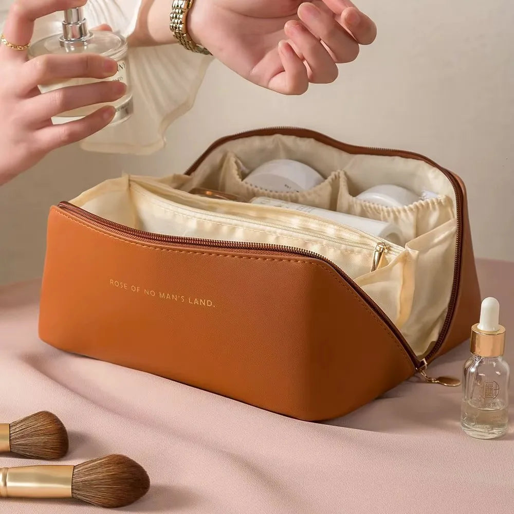 Bolsa de cosméticos de viaje grande para mujer, organizador de maquillaje de cuero, neceser femenino, estuche de maquillaje, bolsa de almacenamiento, caja de lujo para mujer