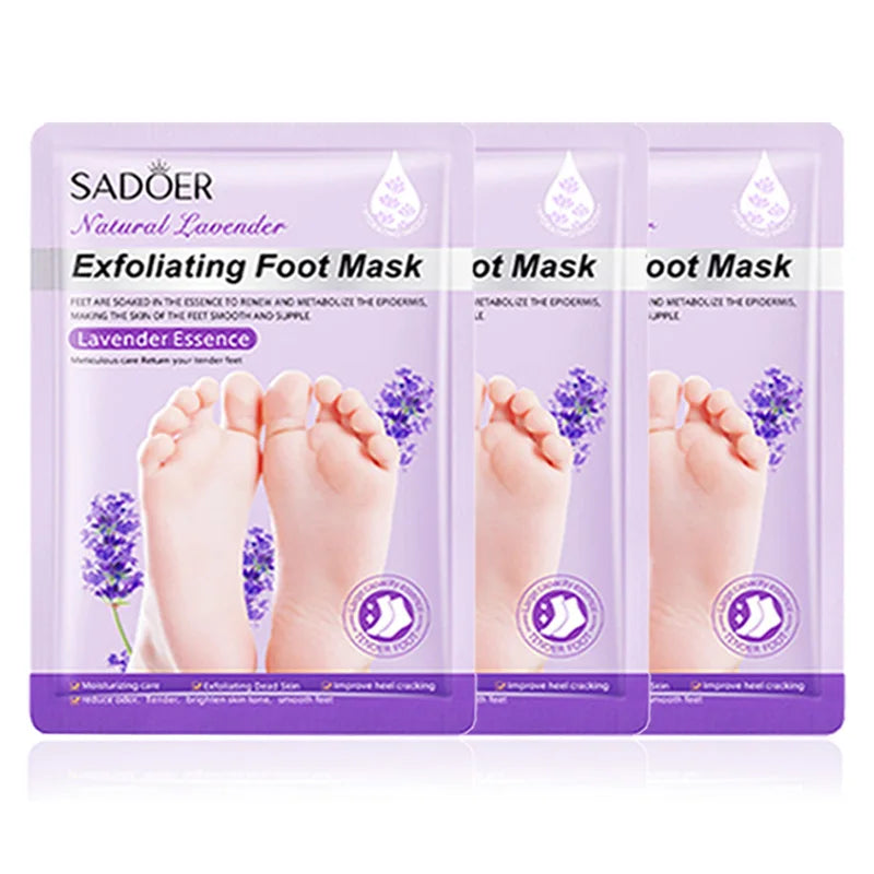 3 pares SADOER mascarilla de lavanda para pies mascarilla exfoliante de pies hidratante antienvejecimiento pies pedicura exfoliante pies cuidado de la piel
