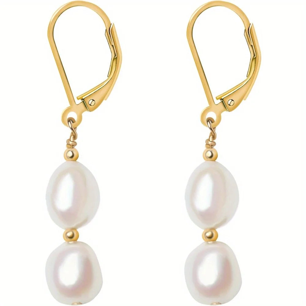 Nuevos pendientes barrocos de perlas de agua dulce de moda. Pendientes largos de tres cuentas simples, elegantes y versátiles.