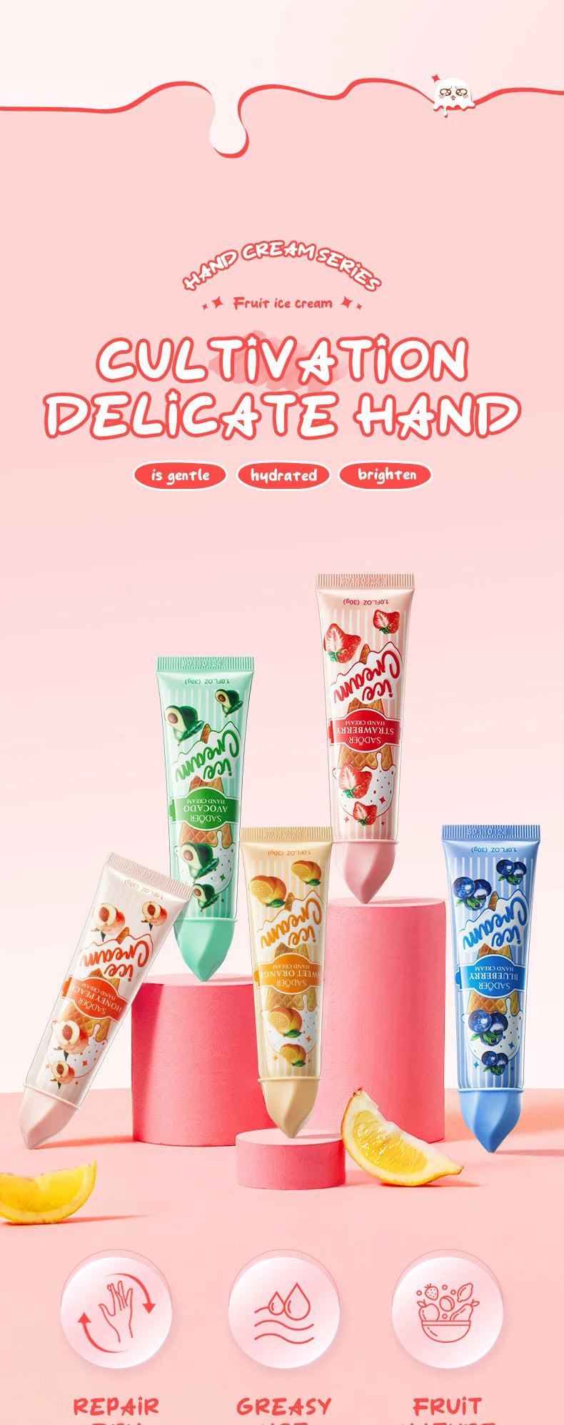 5 unids/set SADOER helado de frutas crema de manos hidratante nutritivo brillo cremas de manos hidratantes productos para el cuidado de la piel