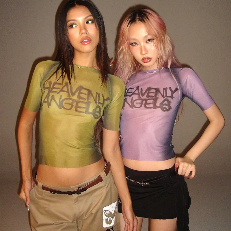 Top con estampado De letras Y2K, camisetas gráficas transparentes para Mujer, Ropa estética De manga corta, Ropa De Mujer ajustada, ropa De calle Sexy