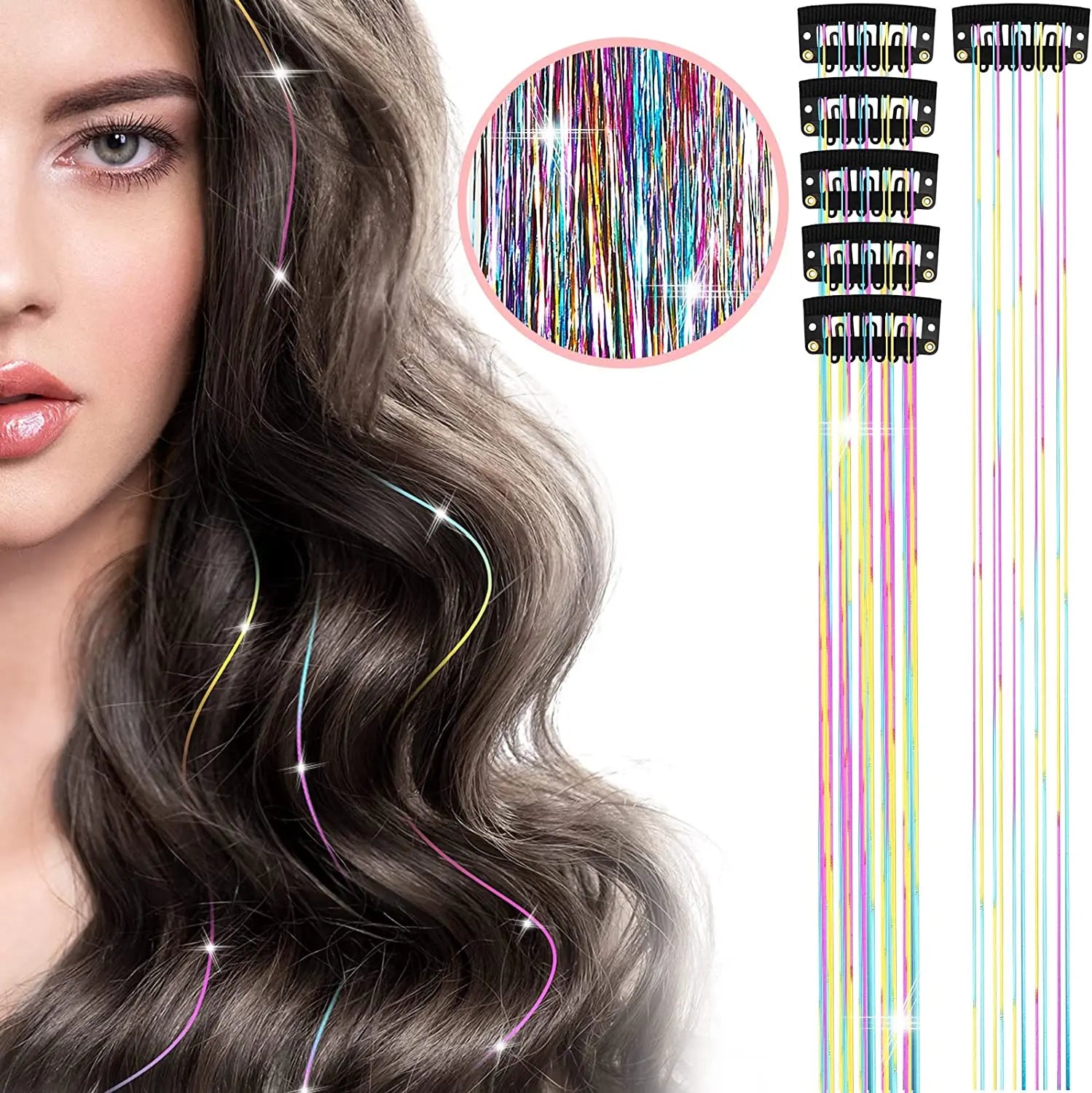 6 uds 50cm chispeantes pelo brillante oropel extensiones de cabello oropel extensiones de Clip de pelo sintético mujeres para tocado trenzado