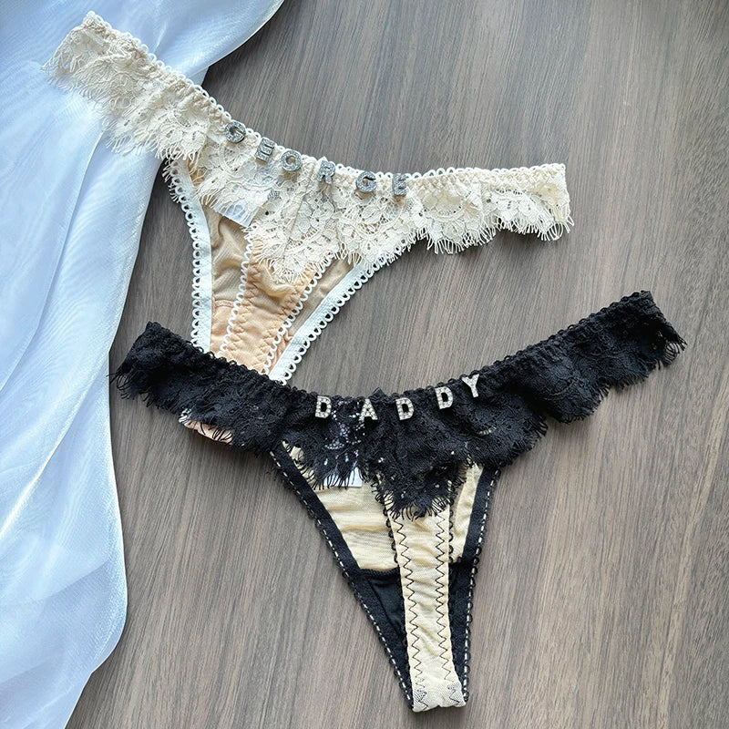 Tangas personalizadas para mujer, tanga con nombre de letra de cristal y espalda en T, Tanga Sexy de encaje personalizado con nombre, ropa interior, bragas