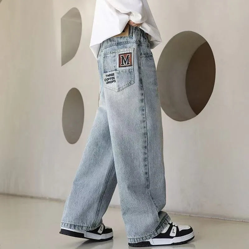 Pantalones vaqueros cálidos de invierno para niños, nuevo estilo, pantalones vaqueros holgados de pierna recta de marca a la moda para adolescentes y niños, pantalones sueltos para niños