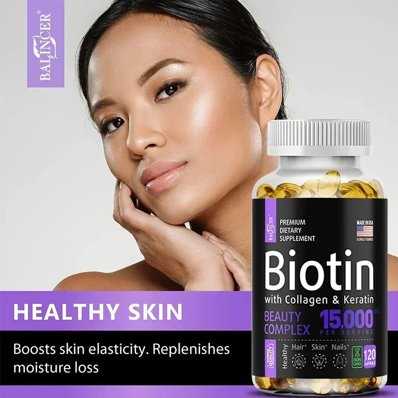 Suplemento de biotina - 15.000 Mcg con colágeno y queratina, vitaminas, cabello brillante, piel y uñas, salud de las articulaciones, 30/60/120 cápsulas