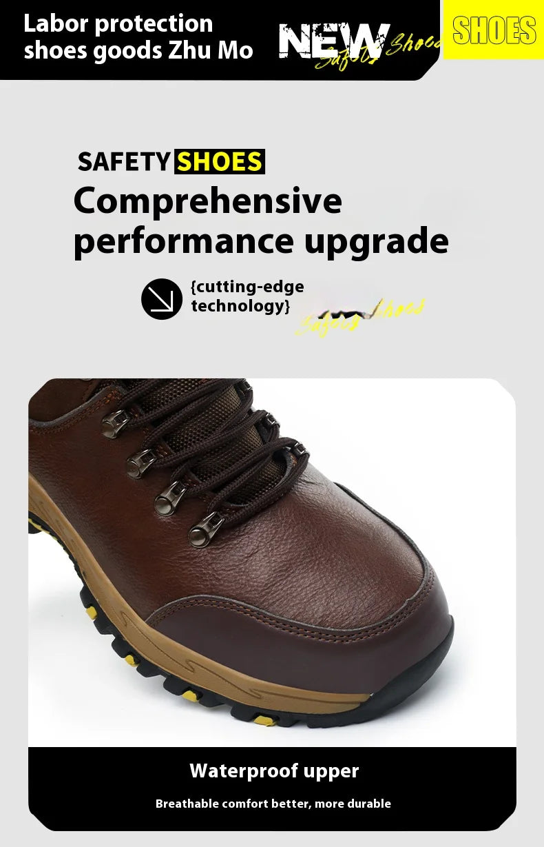 Botas de seguridad de trabajo indestructibles de cuero impermeables para hombre, botas militares para exteriores, zapatos industriales antigolpes y antipinchazos para hombre
