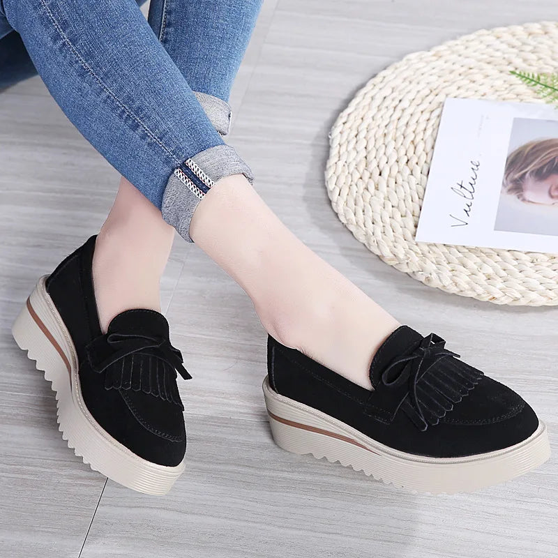 WOIZGIC, zapatos de piel de ante vacuno para mujer, zapatos planos con plataforma y flecos antideslizantes para otoño, zapatos vulcanizados Nowknot