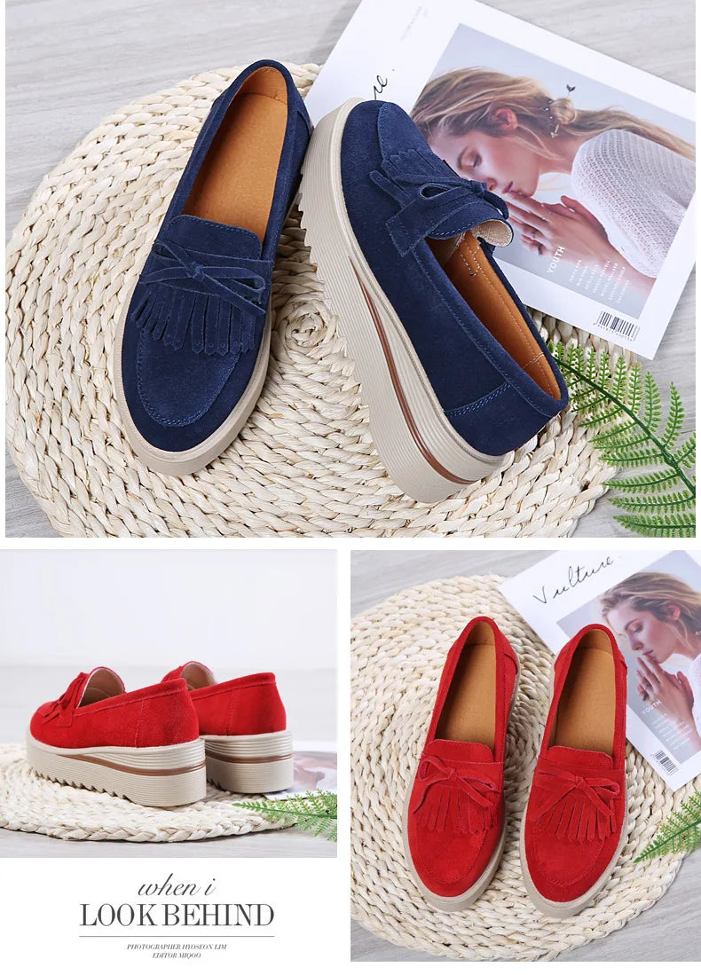 WOIZGIC, zapatos de piel de ante vacuno para mujer, zapatos planos con plataforma y flecos antideslizantes para otoño, zapatos vulcanizados Nowknot