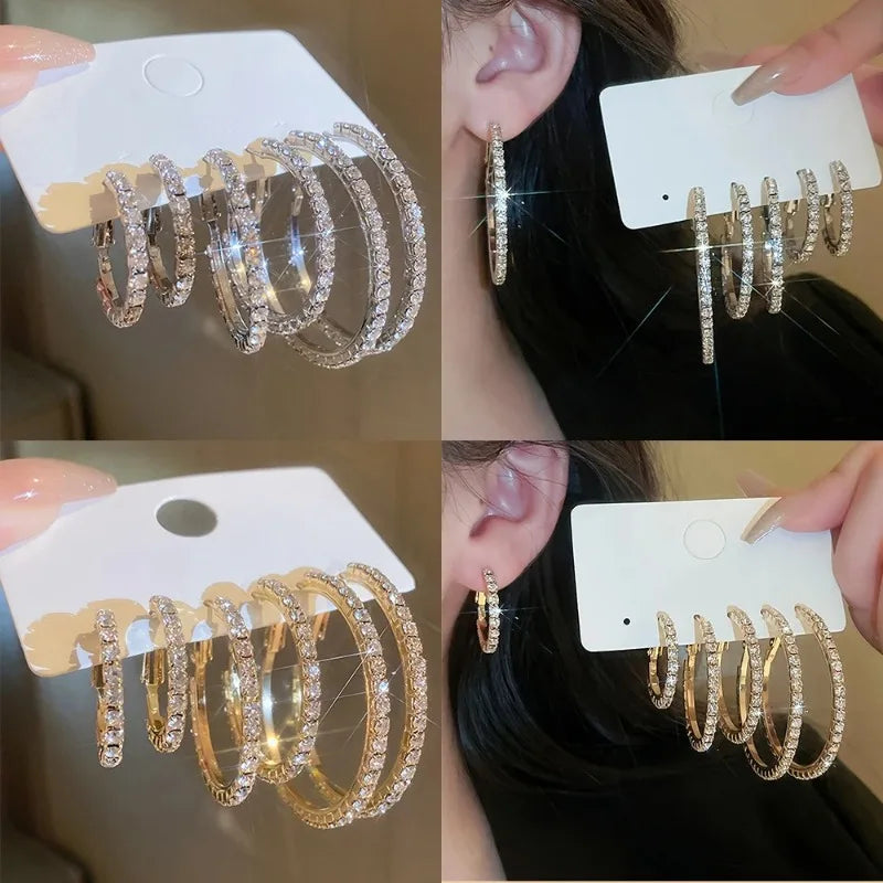 Juego de 1-3 pares de pendientes de aro circulares con diamantes de imitación exagerados y brillantes para mujer, joyería Simple y brillante
