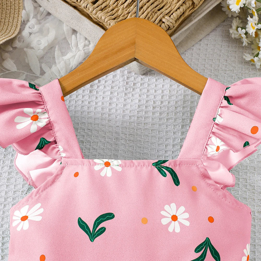 Vestido de verano para niña con estampado de plantas y mangas con mosca pequeña