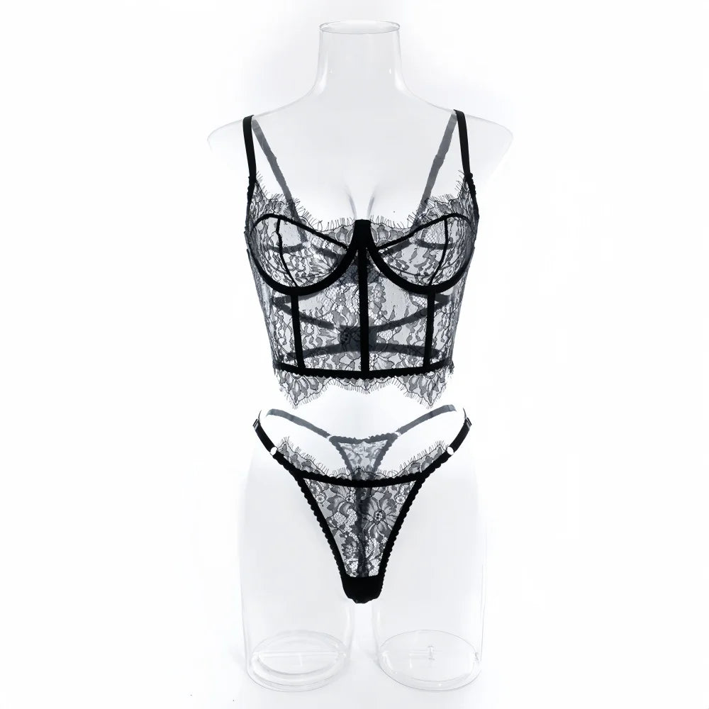 Krasapt-Lencería de encaje negro Sexy, conjuntos de dos piezas, ropa interior de encaje elegante, sujetadores y bragas eróticos, conjunto Bilizna atractivo transparente