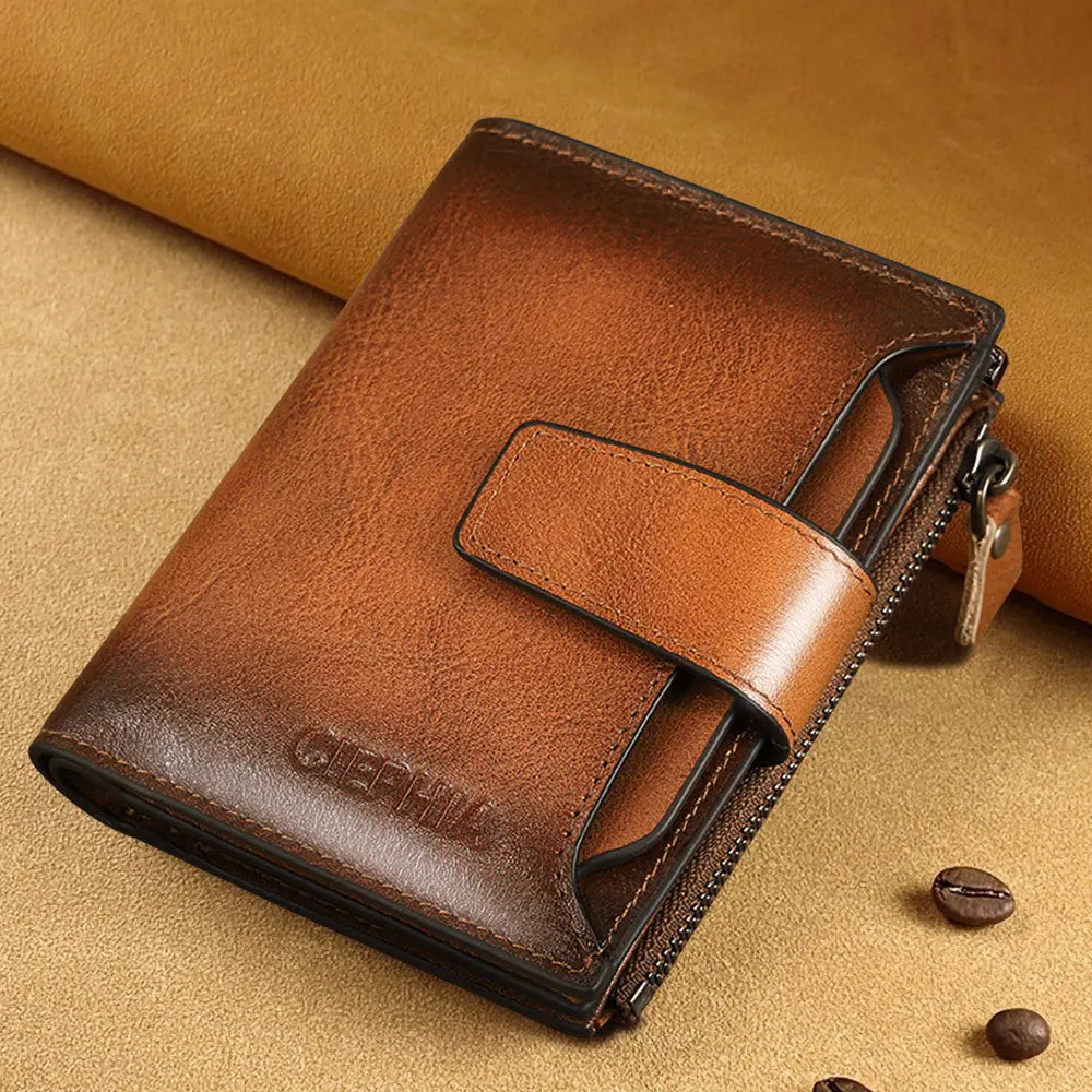 CIEPHIA Cartera Retro de cuero genuino para hombre, monedero antirrobo con cremallera, capa superior de piel de vaca, uso diario informal de negocios