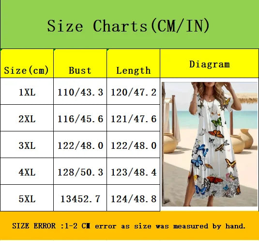 Vestido elegante de verano de talla grande con cuello en V y estampado de mariposas, dobladillo dividido, manga corta, moda para mujer