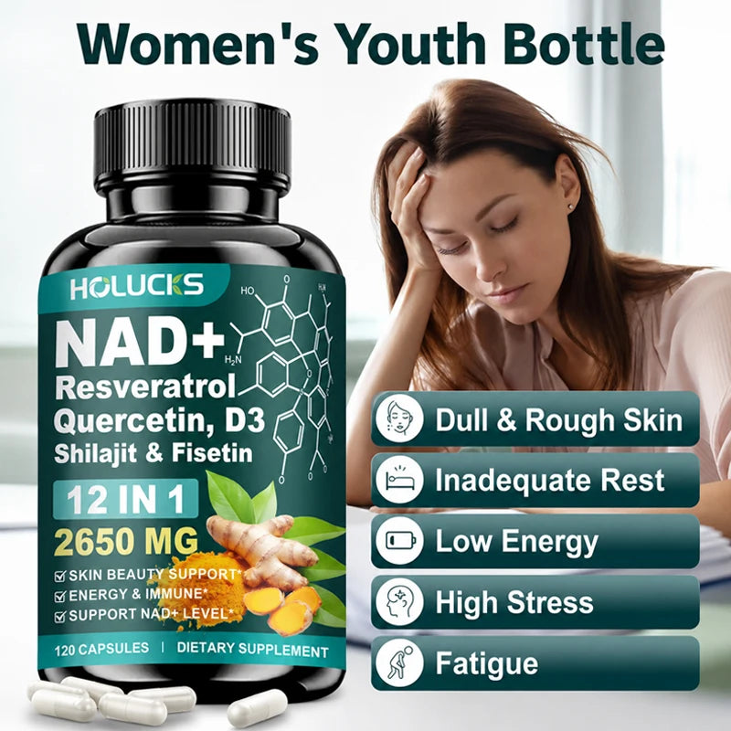 Cápsulas de NAD+ con Resveratrol, Suplemento 12 en 1, Mejora la Vitalidad Celular, Apoya la Energía y la Concentración, la Salud Inmunológica y de la Piel